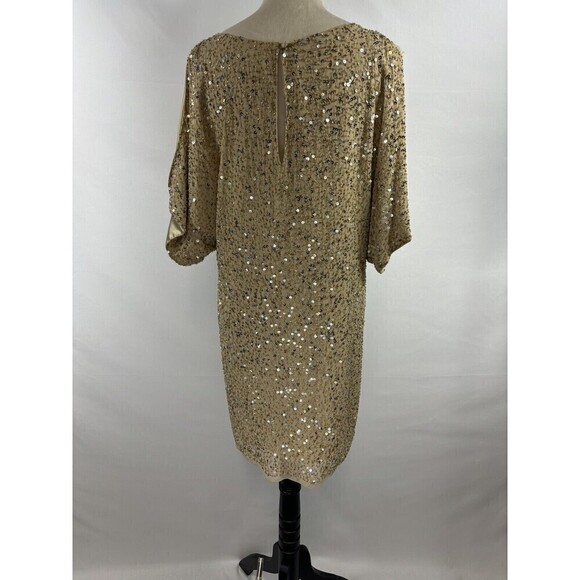 Aidan Mattox Sequin Cocktail Dress Gold Tan 2 Cold Shoulder Silk Lined - Picture 3 of 10